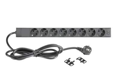 Adam Hall 87471 USB 8-fach 19" Steckdosenleiste mit Schalter und 2 USB-Ladebuchsen 