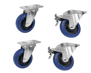 Roadinger Set Lenkrollen 100mm blau 2x RD-100 + 2x RD-100B mit Bremse 